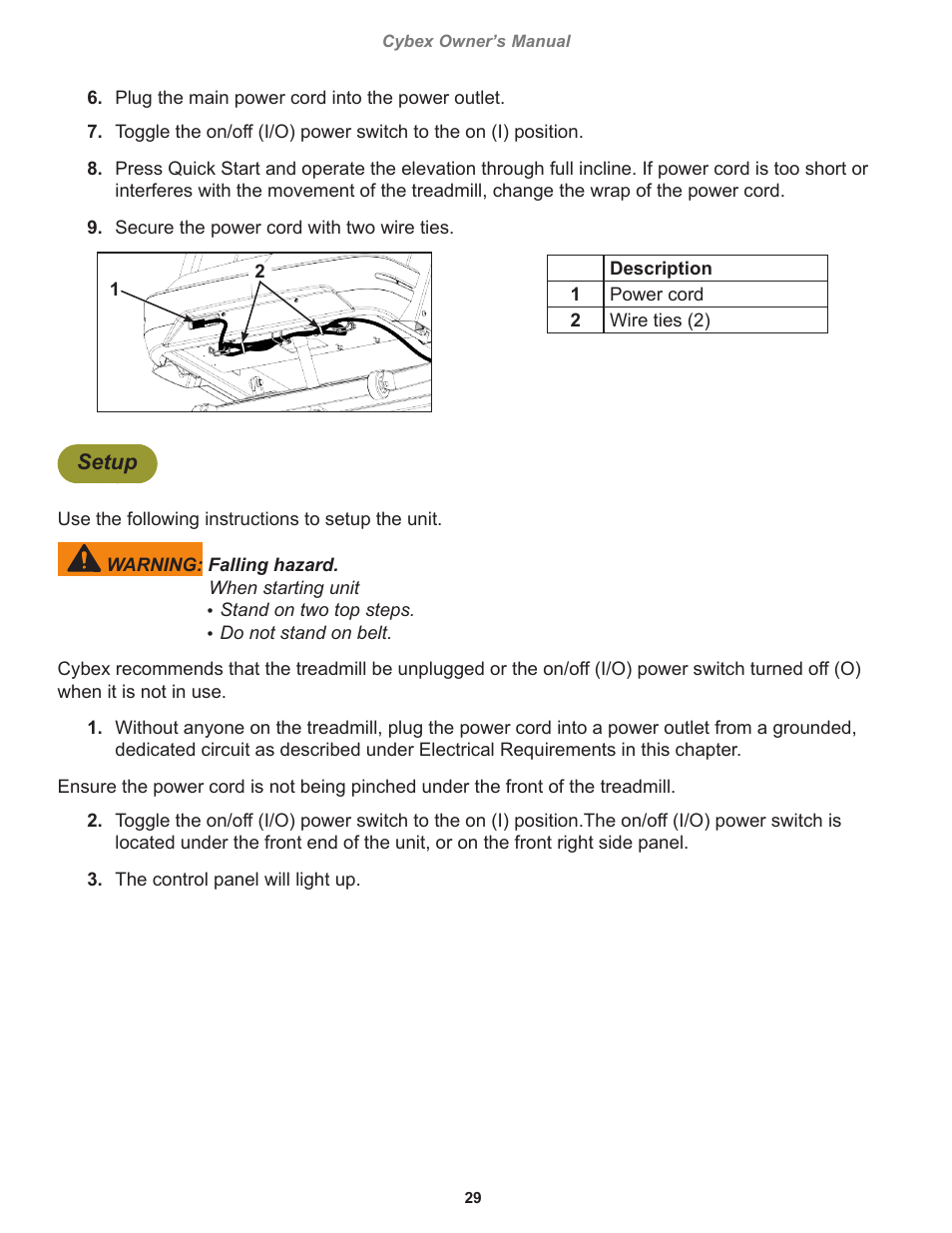 Setup | Cybex 770T Treadmill User Manual | Page 29 / 98