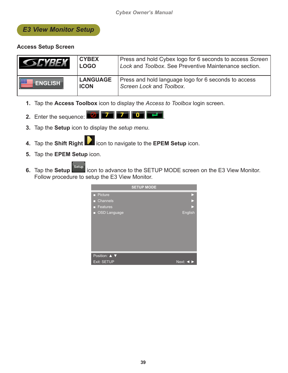 E3 view monitor setup | Cybex 770T Treadmill User Manual | Page 39 / 98