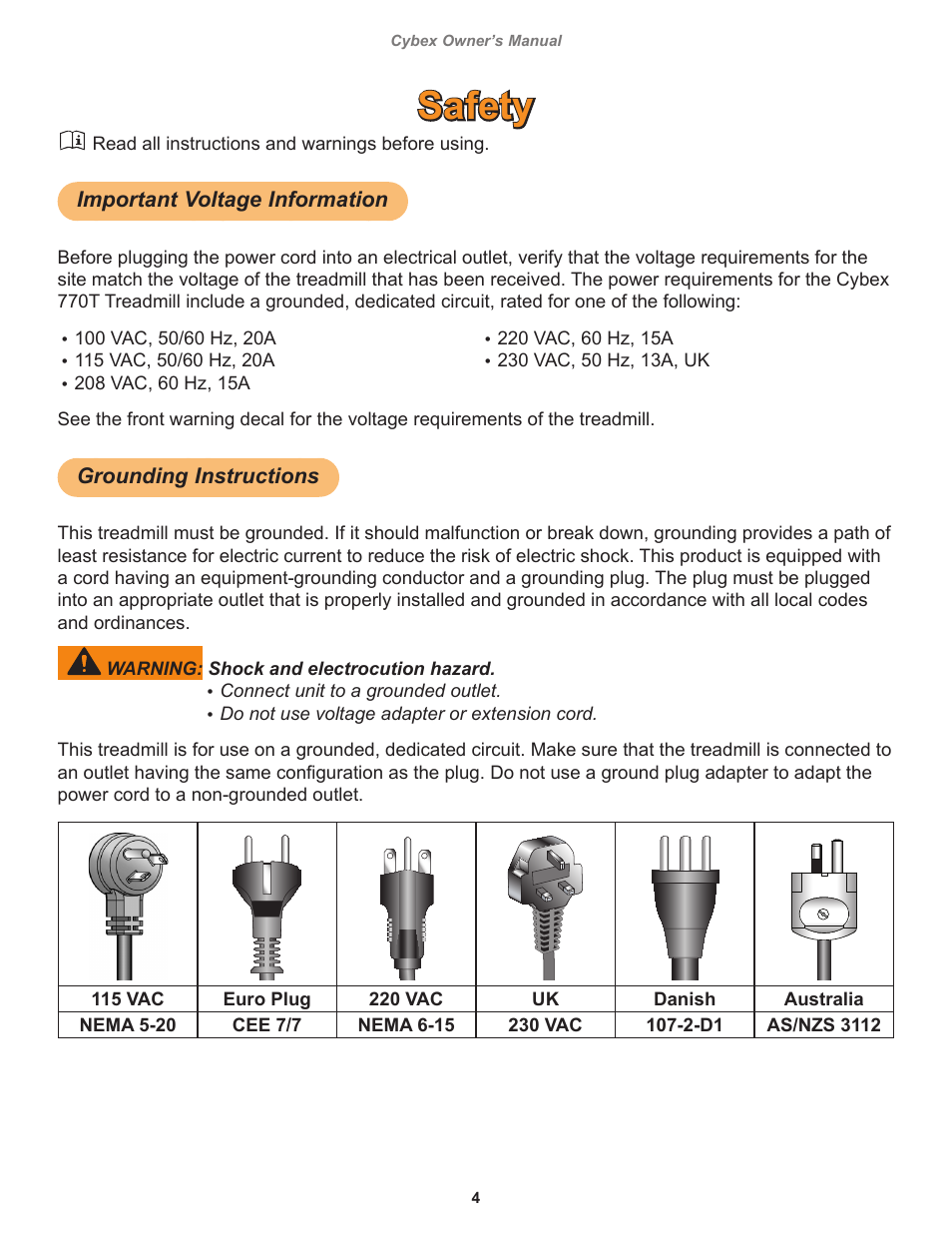 Safety, Important voltage information, Grounding instructions | Cybex 770T Treadmill User Manual | Page 4 / 98