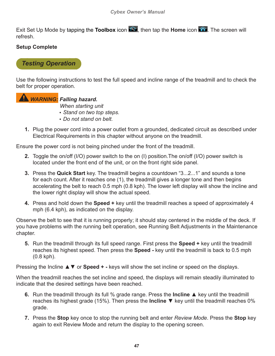 Testing operation | Cybex 770T Treadmill User Manual | Page 47 / 98