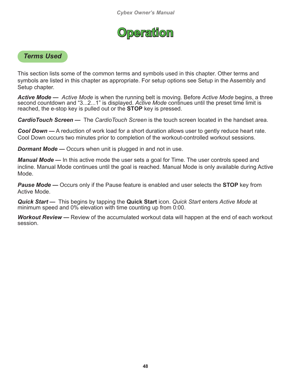 Operation, Terms used | Cybex 770T Treadmill User Manual | Page 48 / 98