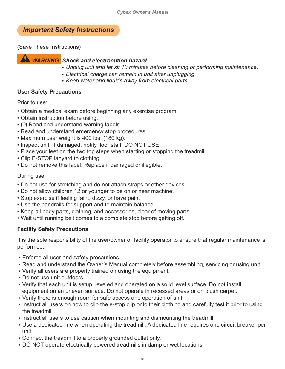 Important safety instructions | Cybex 770T Treadmill User Manual | Page 5 / 98