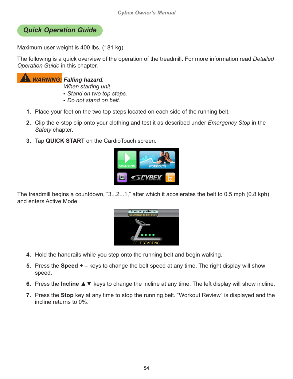 Quick operation guide | Cybex 770T Treadmill User Manual | Page 54 / 98