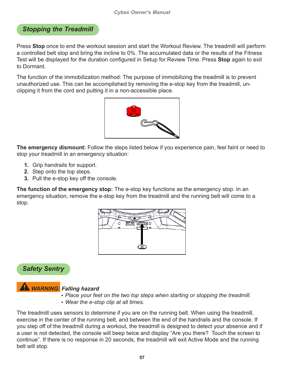 Stopping the treadmill, Safety sentry | Cybex 770T Treadmill User Manual | Page 57 / 98