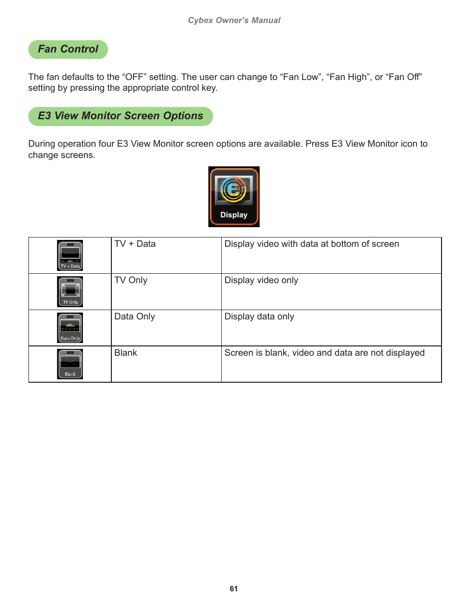 Fan control, E3 view monitor screen options | Cybex 770T Treadmill User Manual | Page 61 / 98