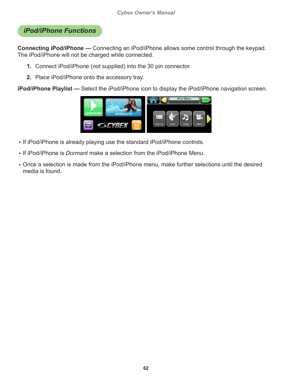 Ipod/iphone functions | Cybex 770T Treadmill User Manual | Page 62 / 98