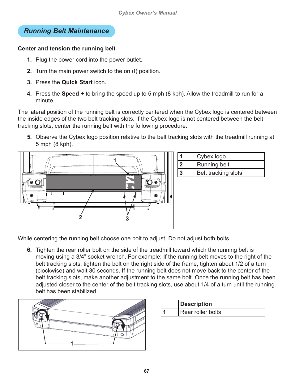 Running belt maintenance | Cybex 770T Treadmill User Manual | Page 67 / 98
