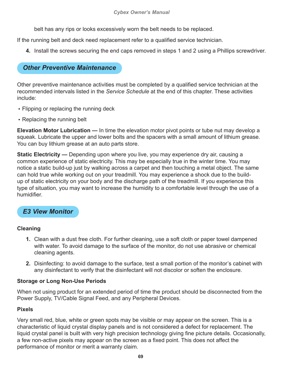 Other preventive maintenance, E3 view monitor | Cybex 770T Treadmill User Manual | Page 69 / 98