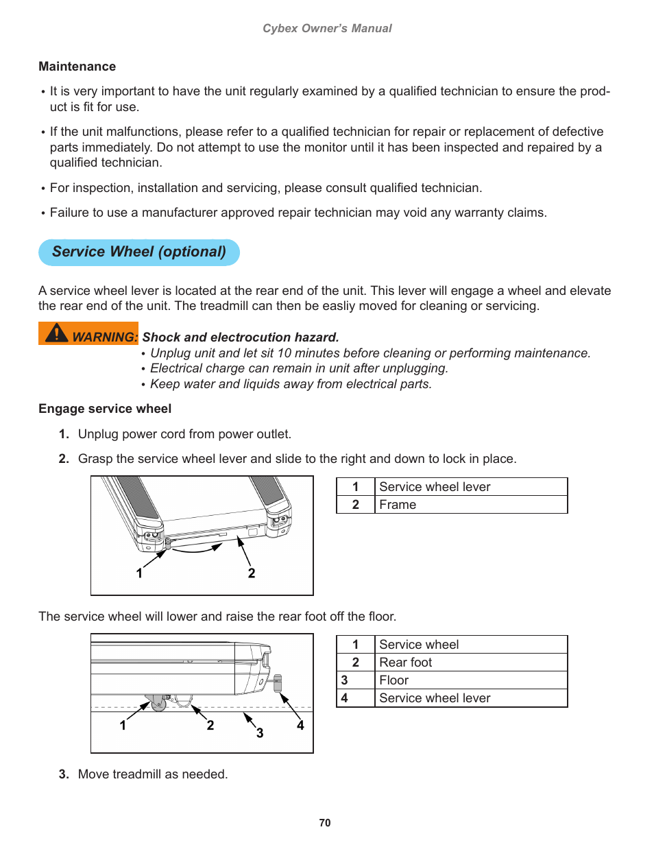 Service wheel (optional) | Cybex 770T Treadmill User Manual | Page 70 / 98