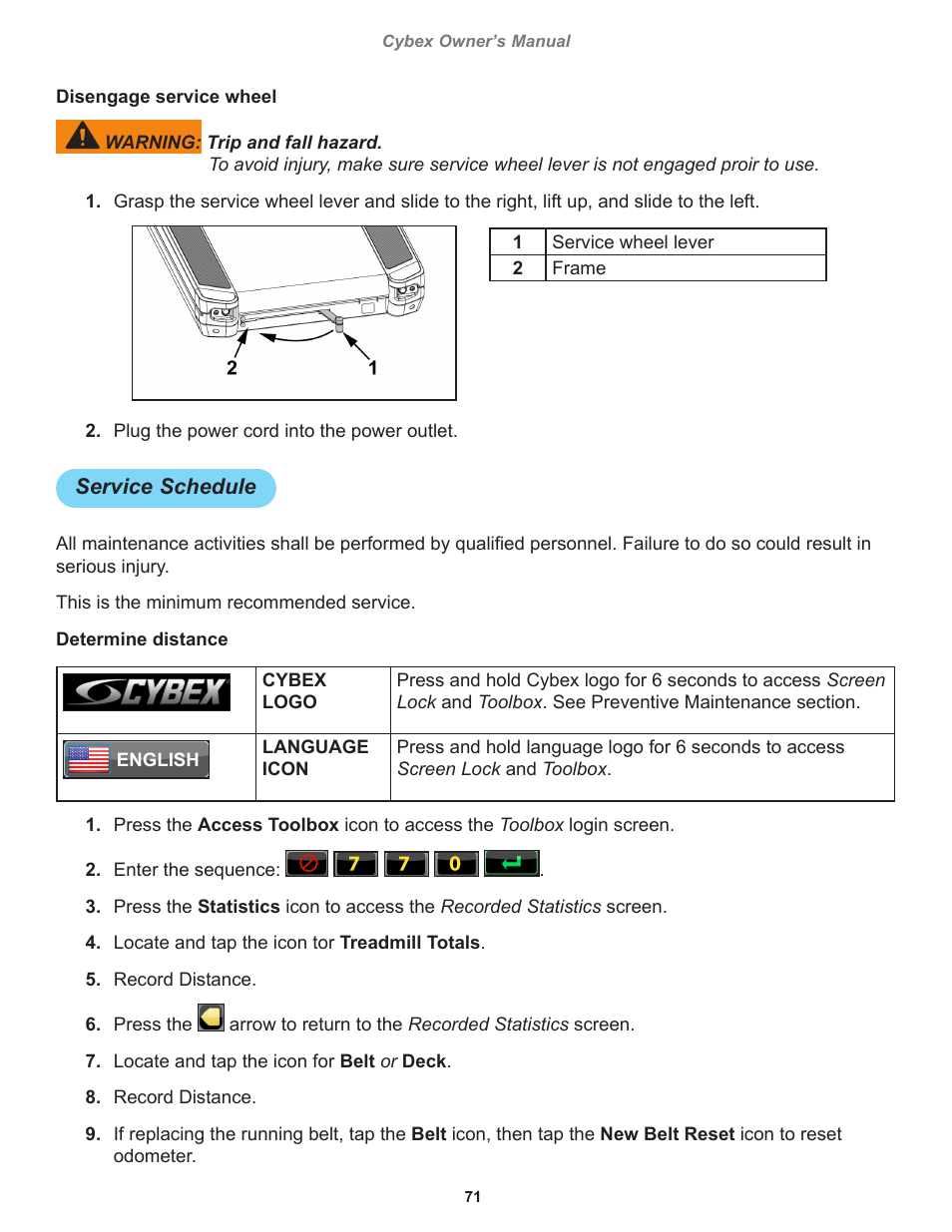 Service schedule | Cybex 770T Treadmill User Manual | Page 71 / 98