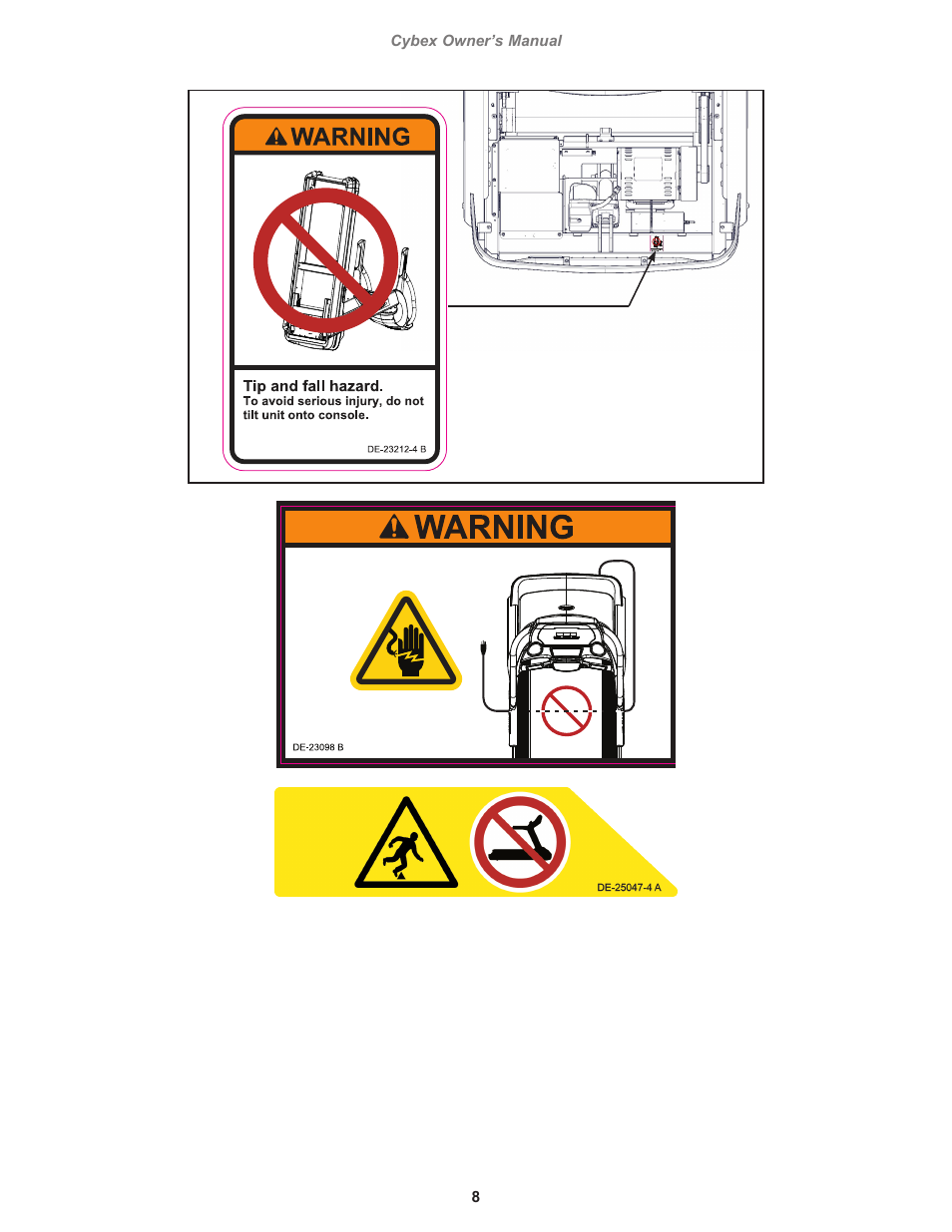 Orange pms 152c, Label, warning, do not tilt, Label warning, power cord, treadmill | Cord wrap area | Cybex 770T Treadmill User Manual | Page 8 / 98
