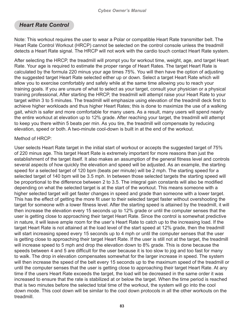 Heart rate control | Cybex 770T Treadmill User Manual | Page 83 / 98