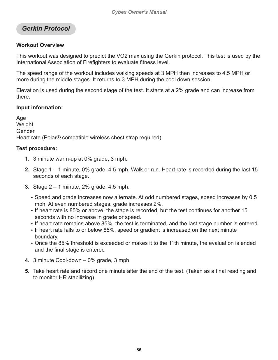 Gerkin protocol | Cybex 770T Treadmill User Manual | Page 85 / 98