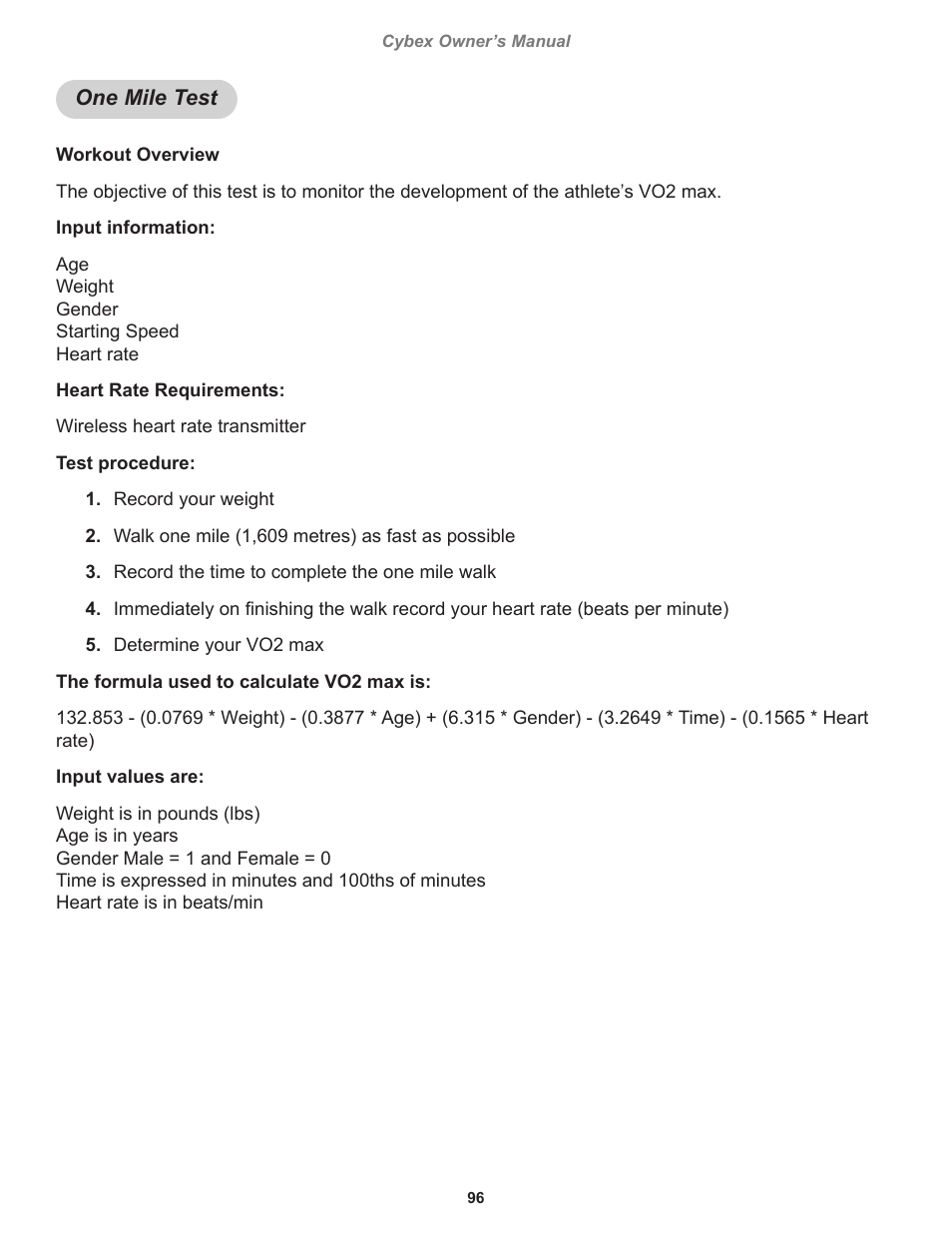 One mile test | Cybex 770T Treadmill User Manual | Page 96 / 98