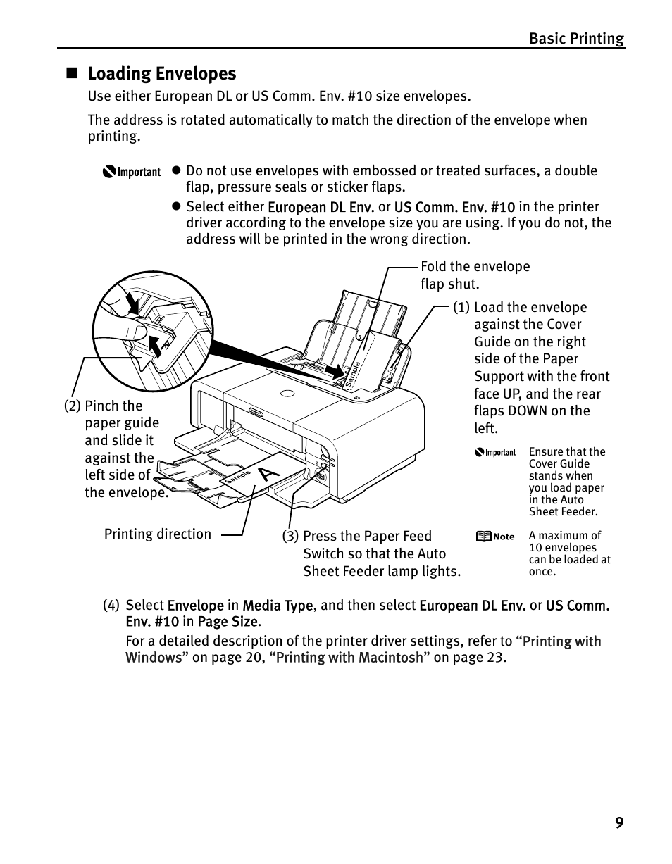 Loading envelopes | Canon iP5200 User Manual | Page 13 / 104