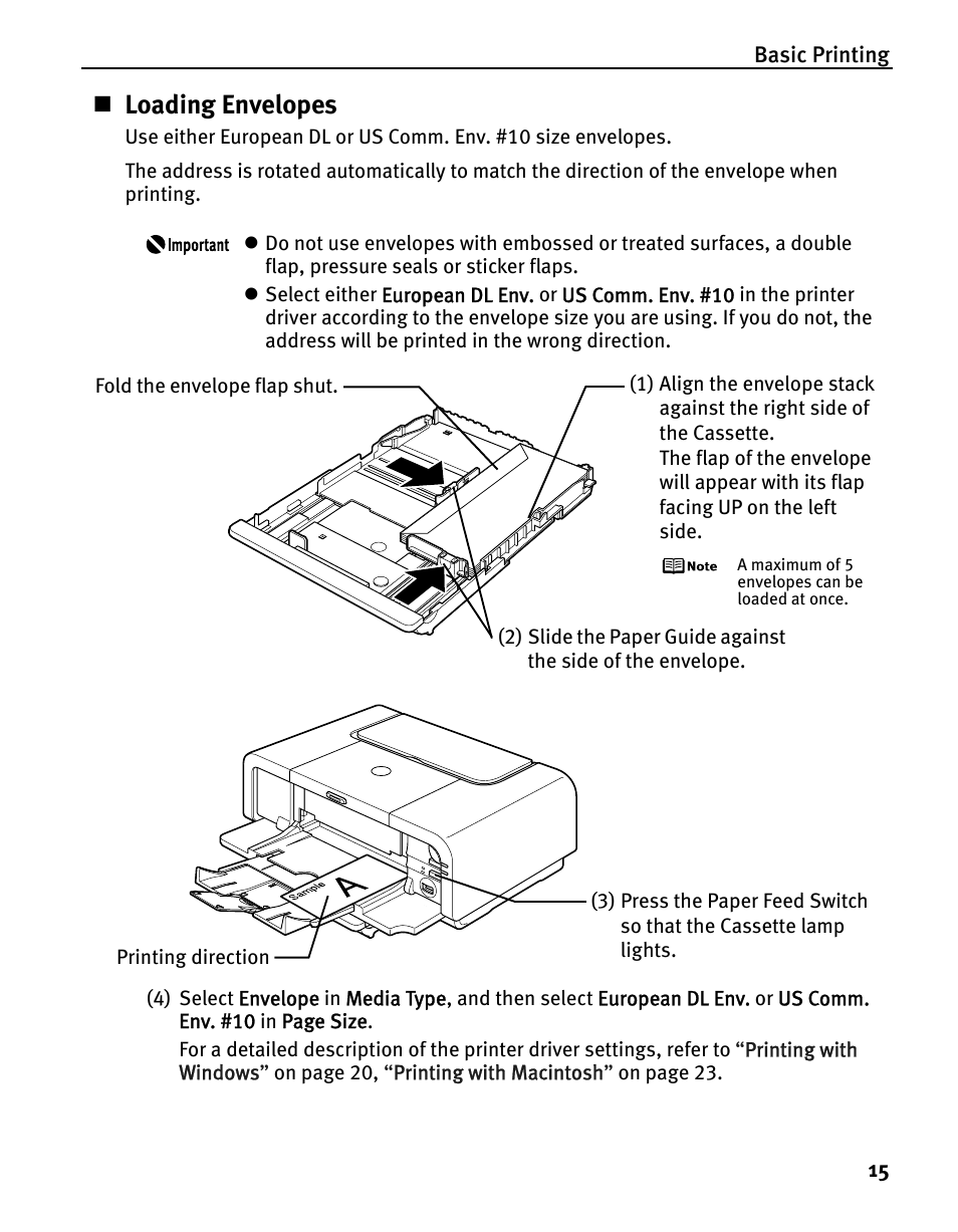 Loading envelopes | Canon iP5200 User Manual | Page 19 / 104