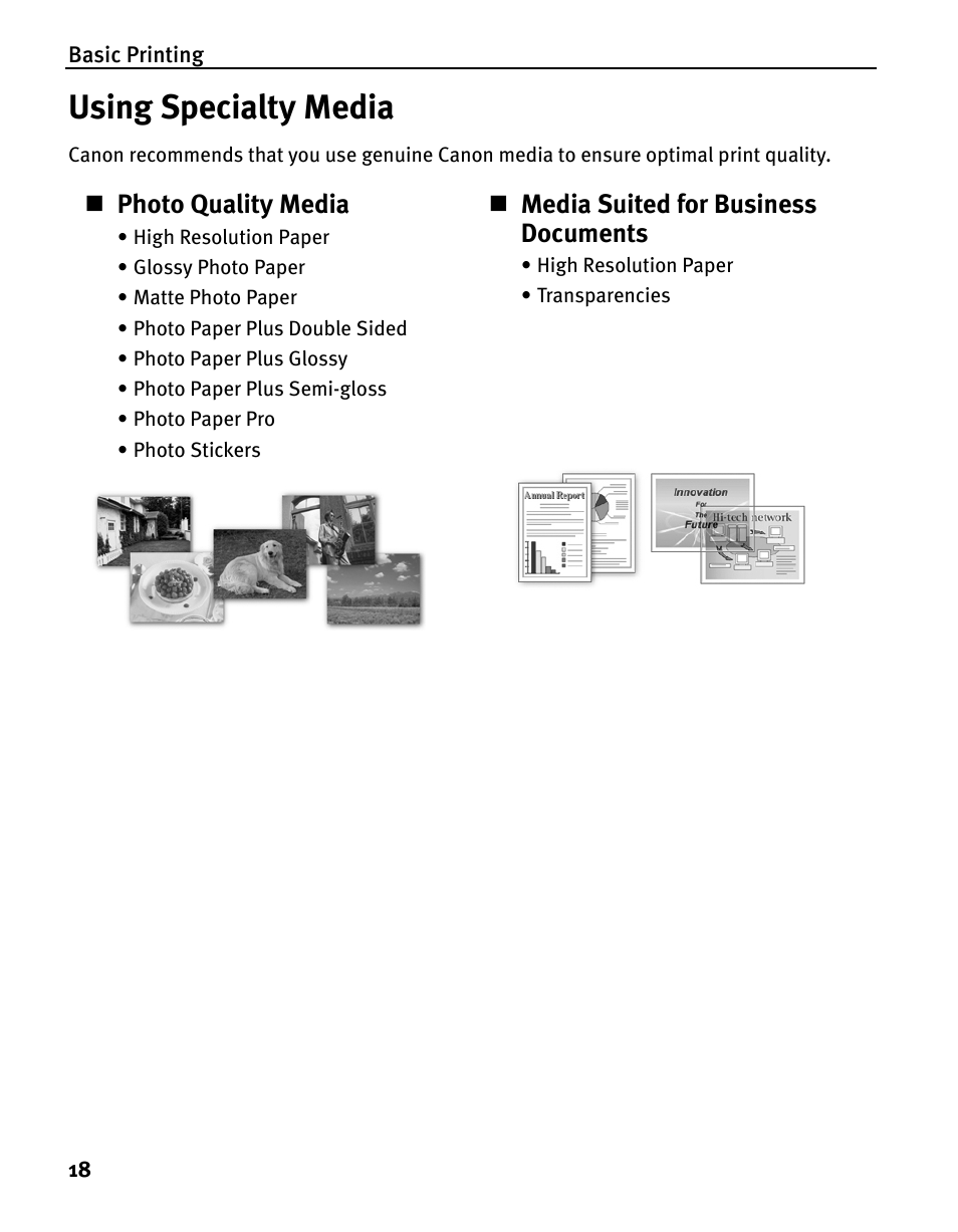 Using specialty media, Photo quality media, Media suited for business documents | Canon iP5200 User Manual | Page 22 / 104