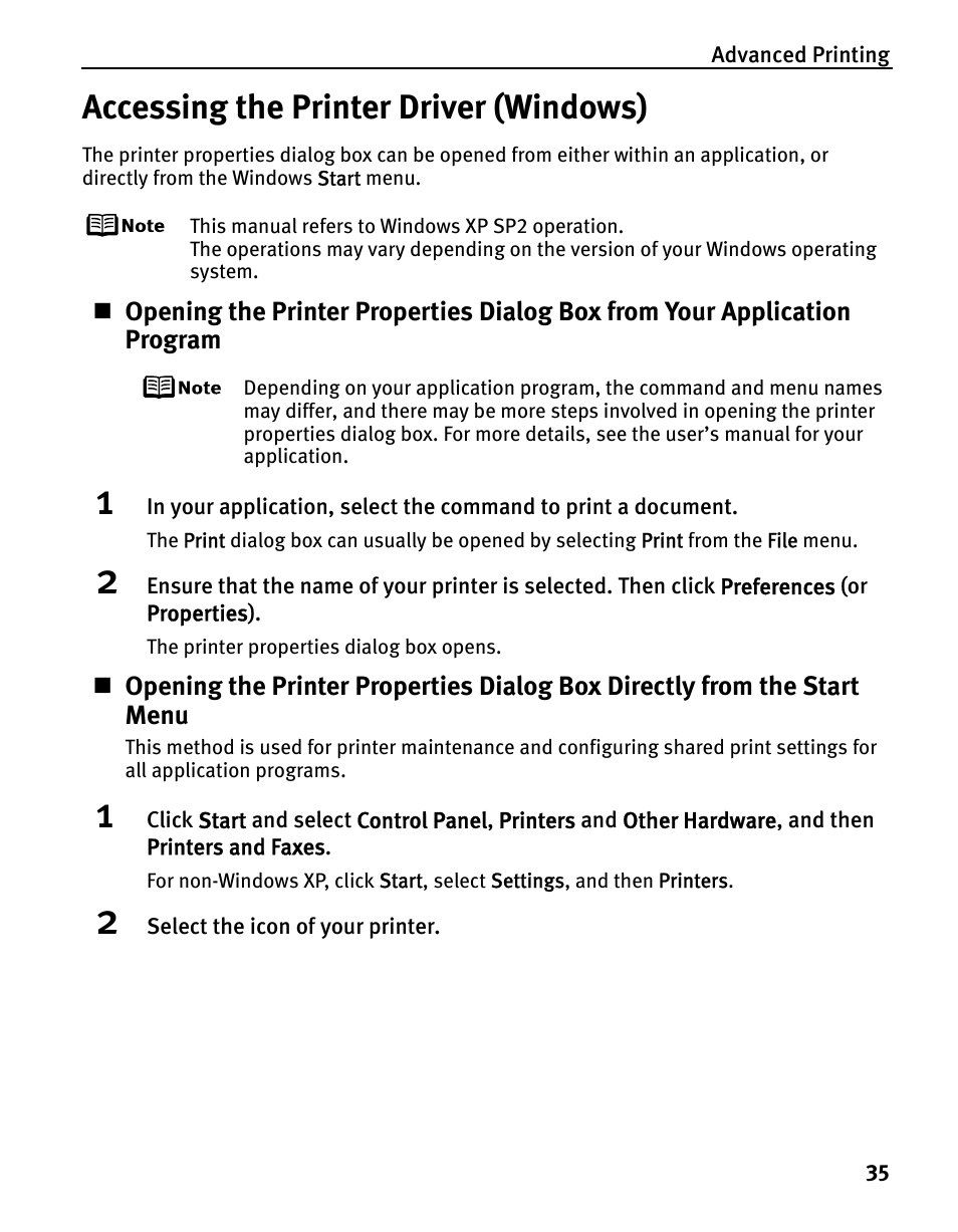 Accessing the printer driver (windows) | Canon iP5200 User Manual | Page 39 / 104
