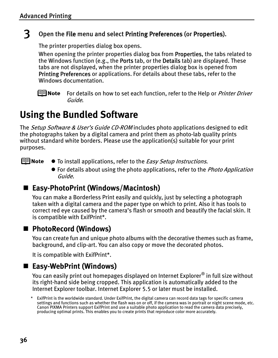 Using the bundled software, Easy-photoprint (windows/macintosh), Photorecord (windows) | Easy-webprint (windows) | Canon iP5200 User Manual | Page 40 / 104