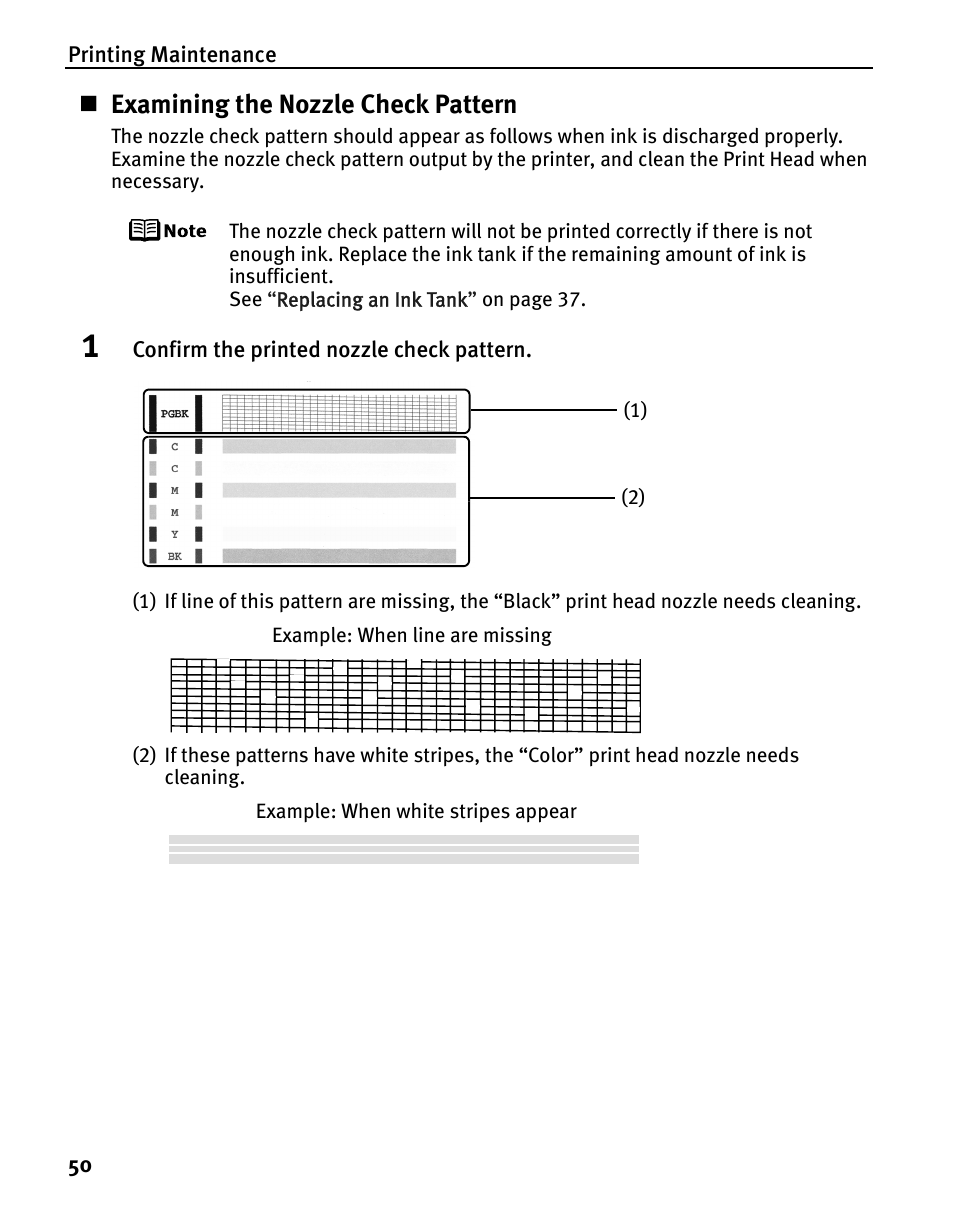 Examining the nozzle check pattern | Canon iP5200 User Manual | Page 54 / 104