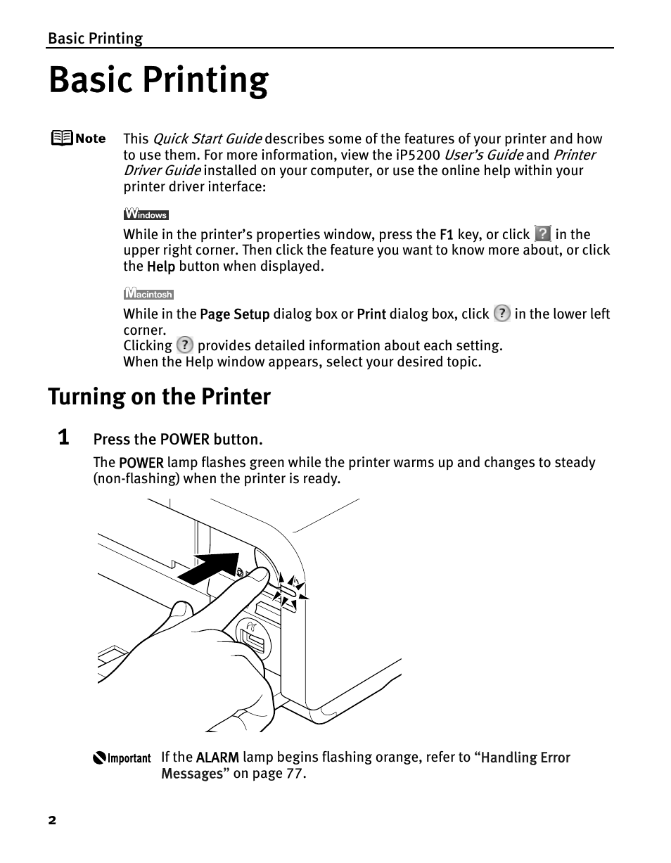 Basic printing, Turning on the printer | Canon iP5200 User Manual | Page 6 / 104