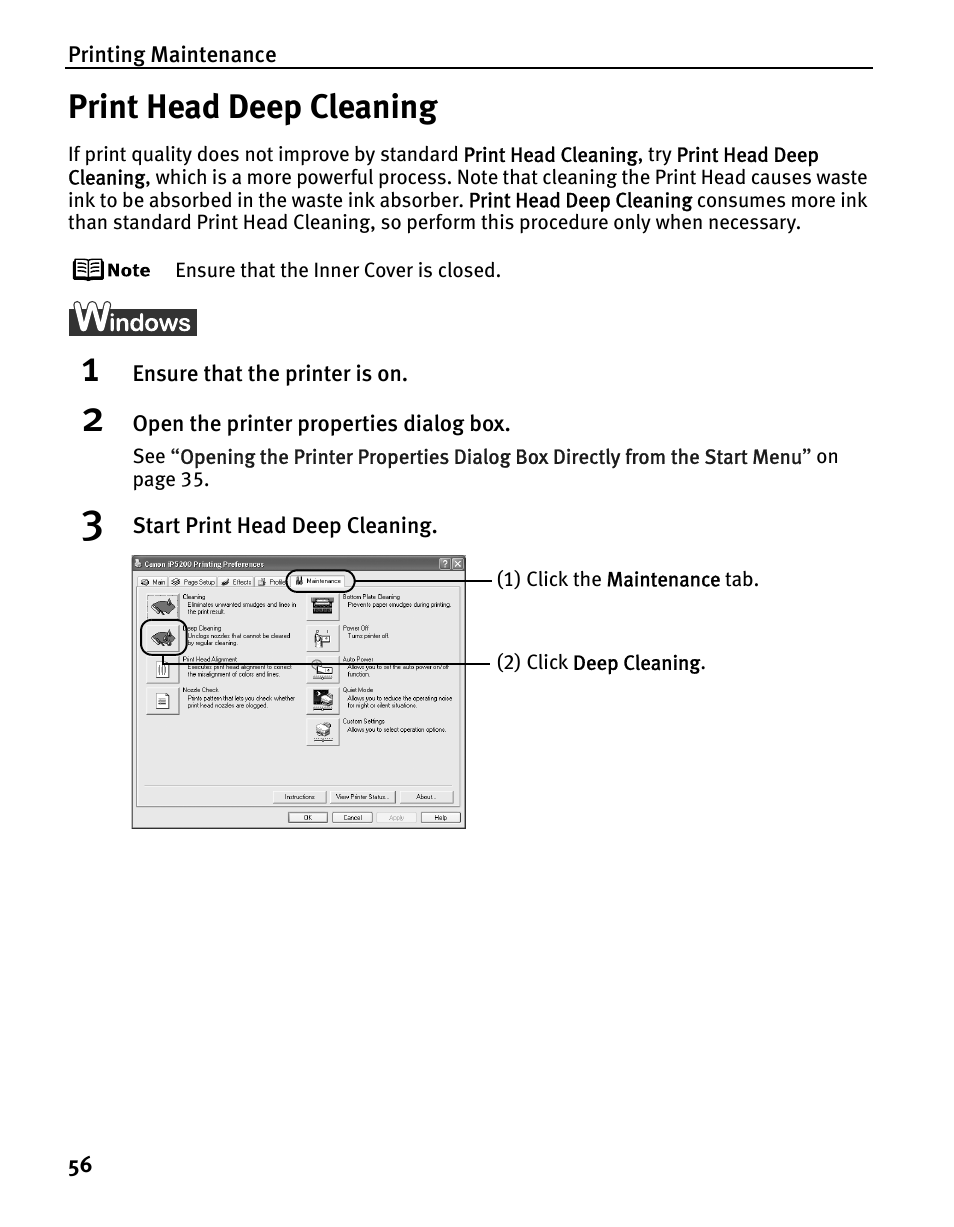 Print head deep cleaning | Canon iP5200 User Manual | Page 60 / 104