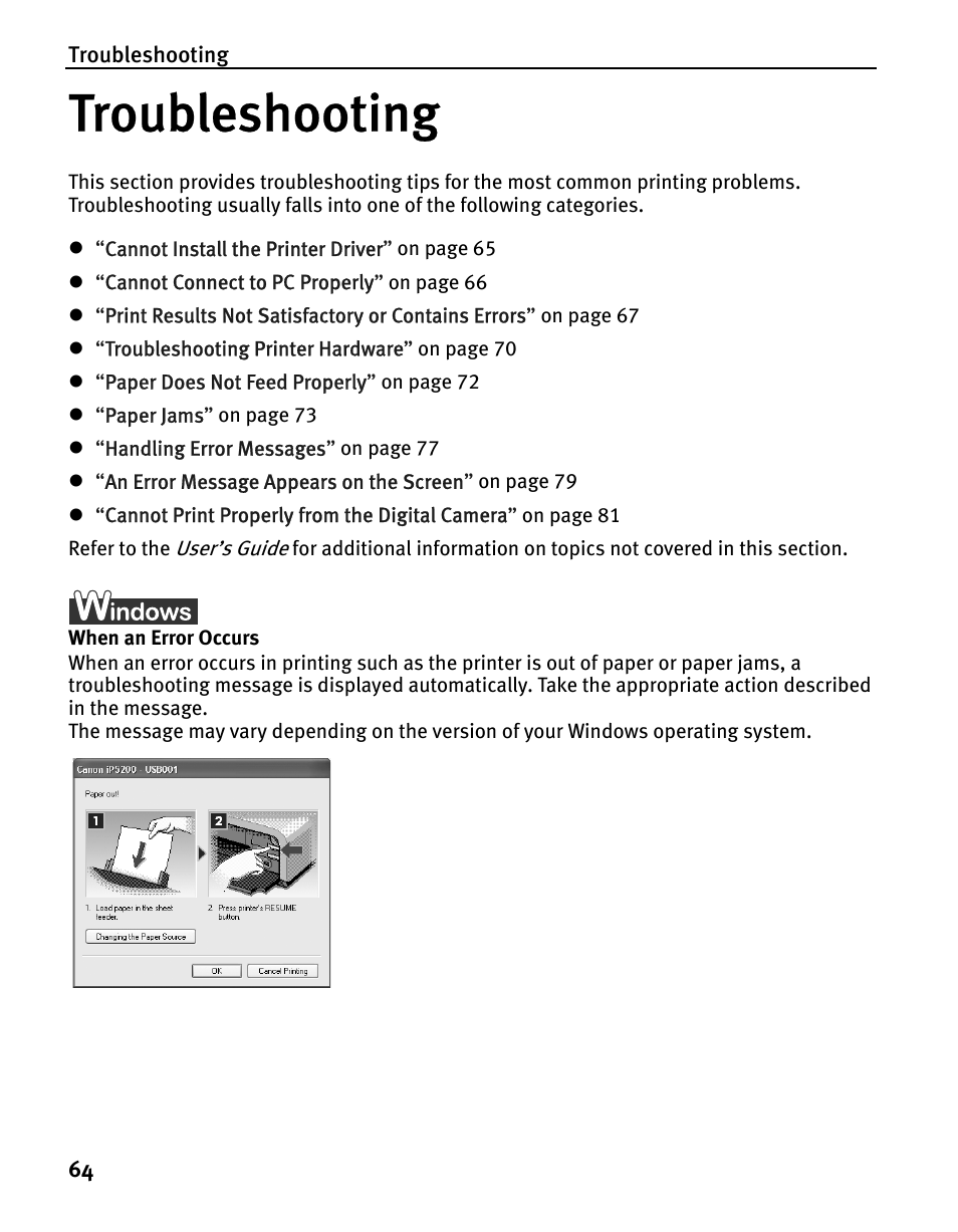 Troubleshooting | Canon iP5200 User Manual | Page 68 / 104