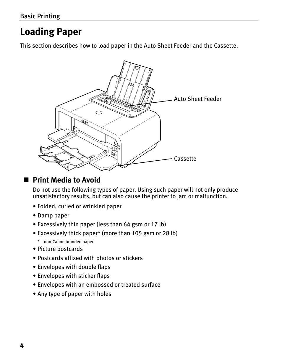 Loading paper, Print media to avoid | Canon iP5200 User Manual | Page 8 / 104