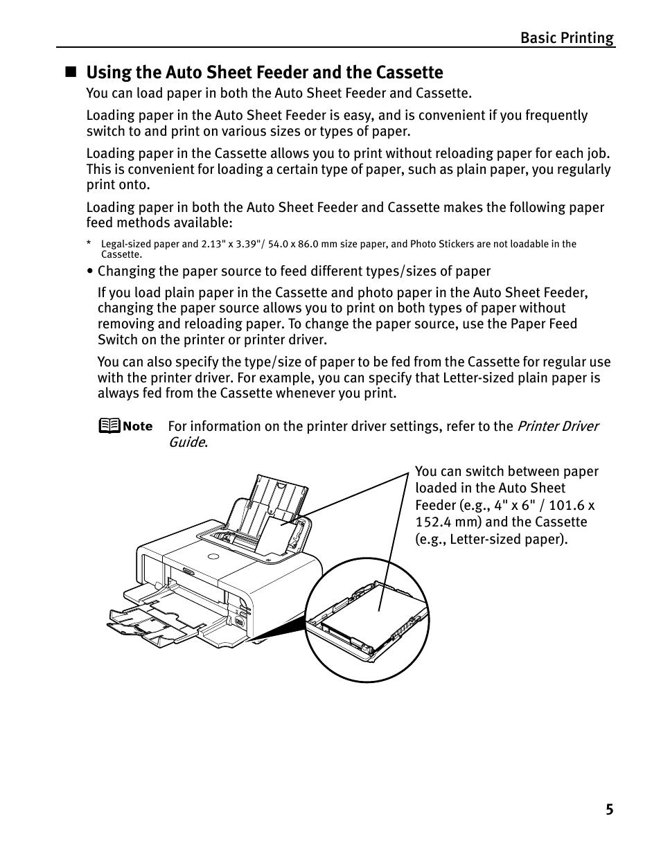 Using the auto sheet feeder and the cassette | Canon iP5200 User Manual | Page 9 / 104