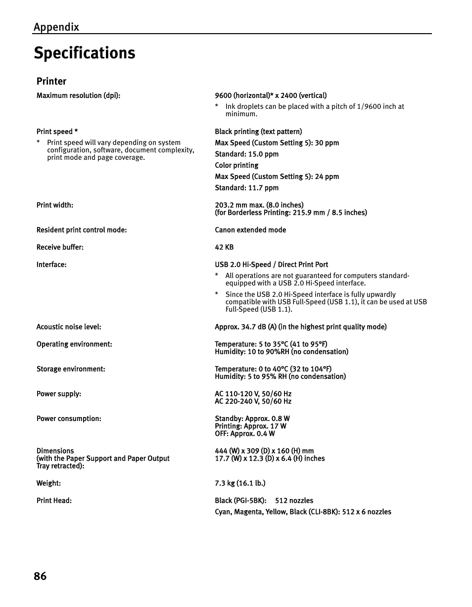 Specifications, Appendix 86, Printer | Canon iP5200 User Manual | Page 90 / 104