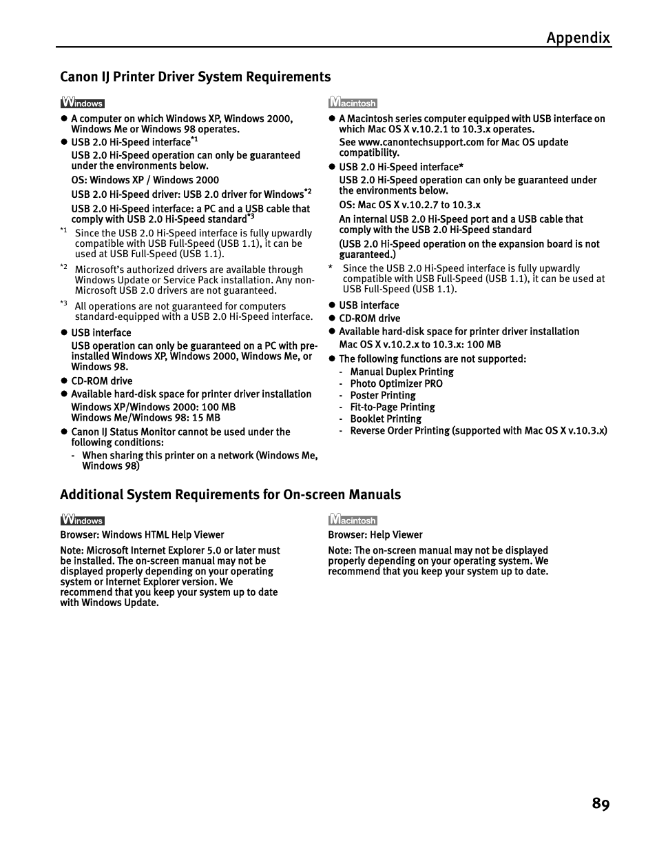 Appendix 89, Canon ij printer driver system requirements | Canon iP5200 User Manual | Page 93 / 104