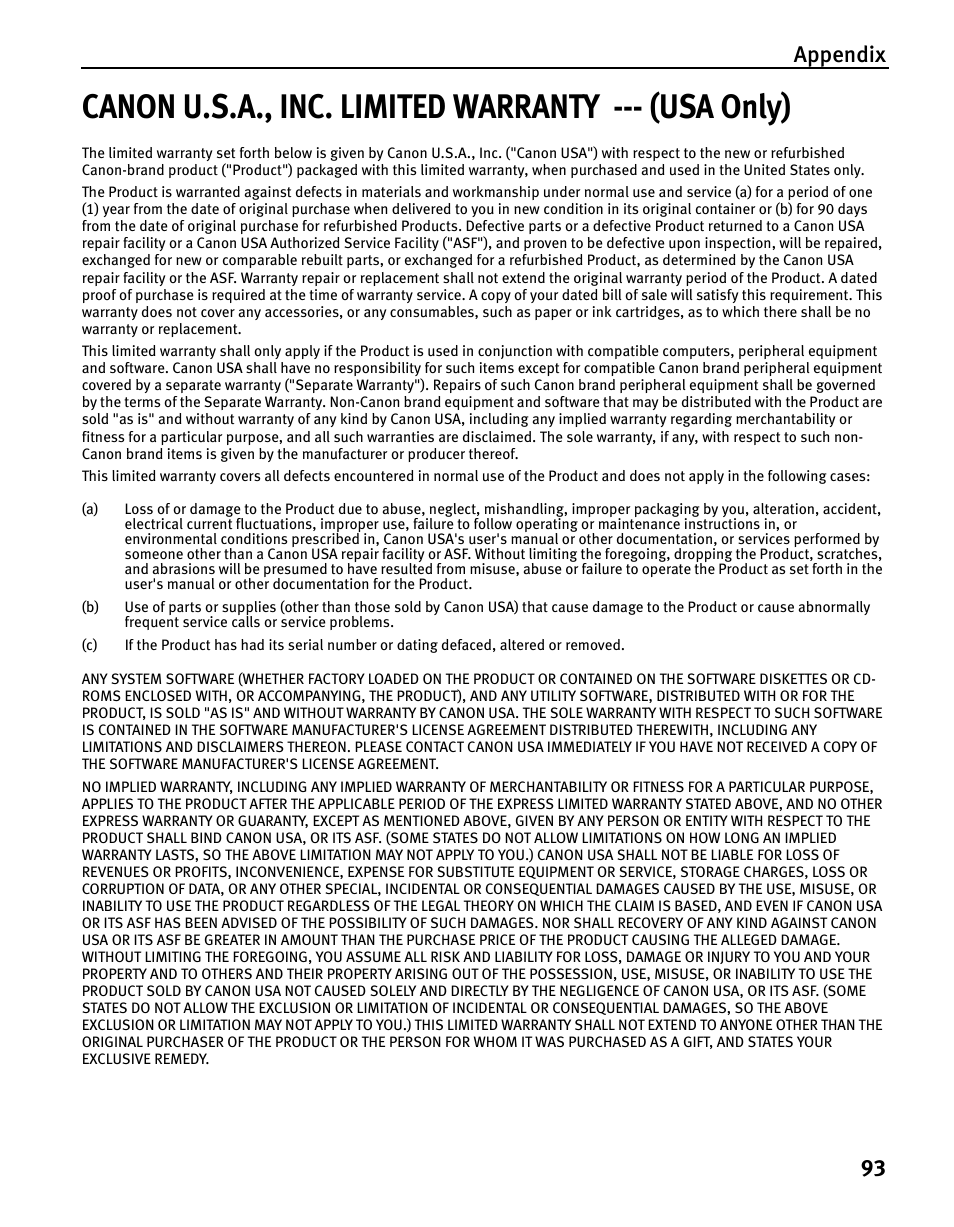 Canon u.s.a., inc. limited warranty --- (usa only), Appendix 93 | Canon iP5200 User Manual | Page 97 / 104