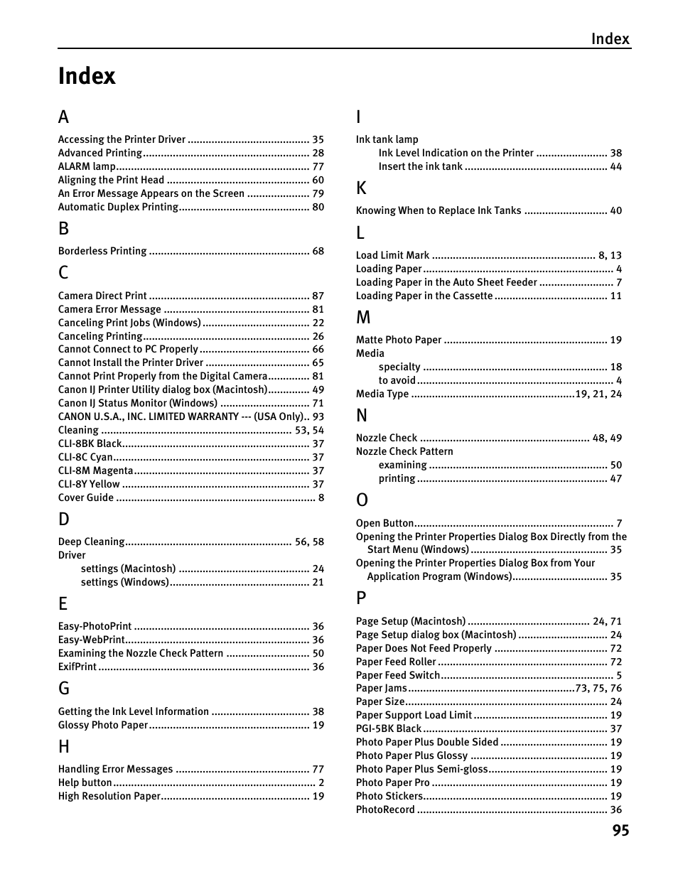 Index | Canon iP5200 User Manual | Page 99 / 104