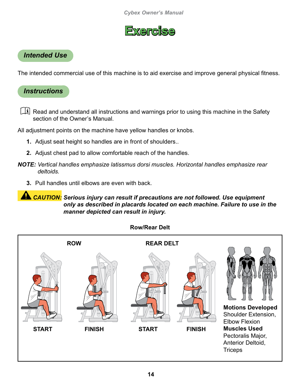 Exercise, Intended use, Instructions | Cybex 13030-999 VR1 Row User Manual | Page 14 / 26