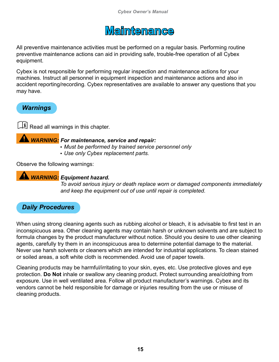 Maintenance, Warnings, Daily procedures | Cybex 13030-999 VR1 Row User Manual | Page 15 / 26