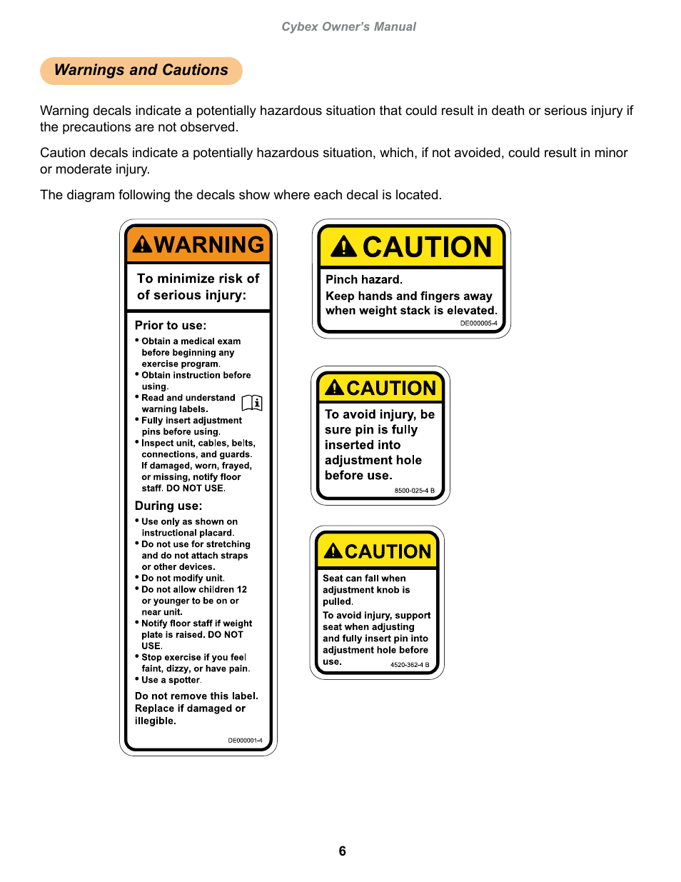 Warnings and cautions, Cybex owner’s manual, Owatonna | Cybex 13030-999 VR1 Row User Manual | Page 6 / 26