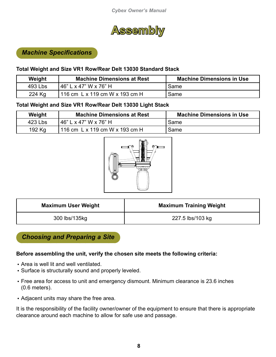 Assembly, Machine specifications, Choosing and preparing a site | Cybex 13030-999 VR1 Row User Manual | Page 8 / 26