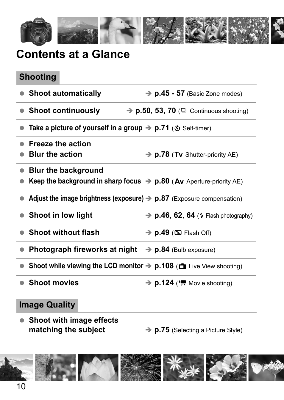 Contents at a glance, Shooting, Image quality | Canon 550D User Manual | Page 10 / 260