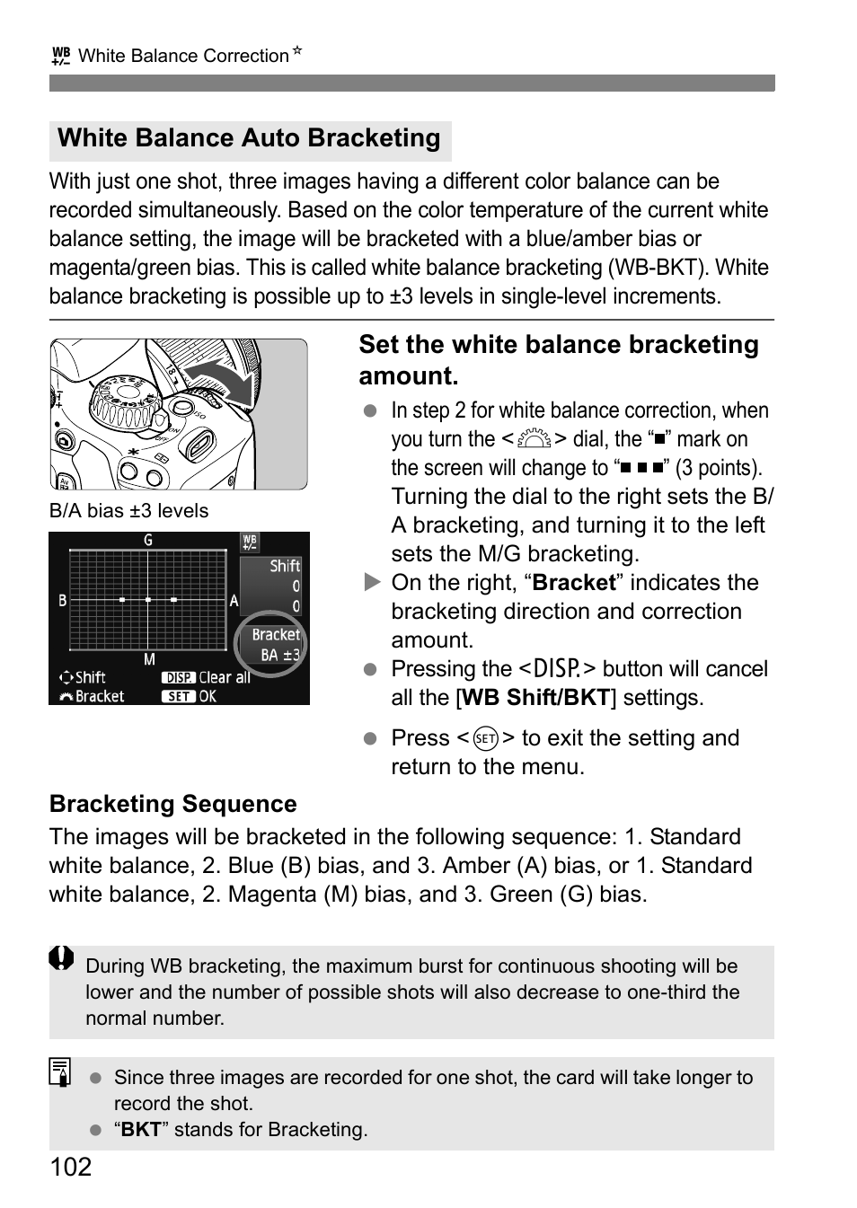 Set the white balance bracketing amount, White balance auto bracketing | Canon 550D User Manual | Page 102 / 260