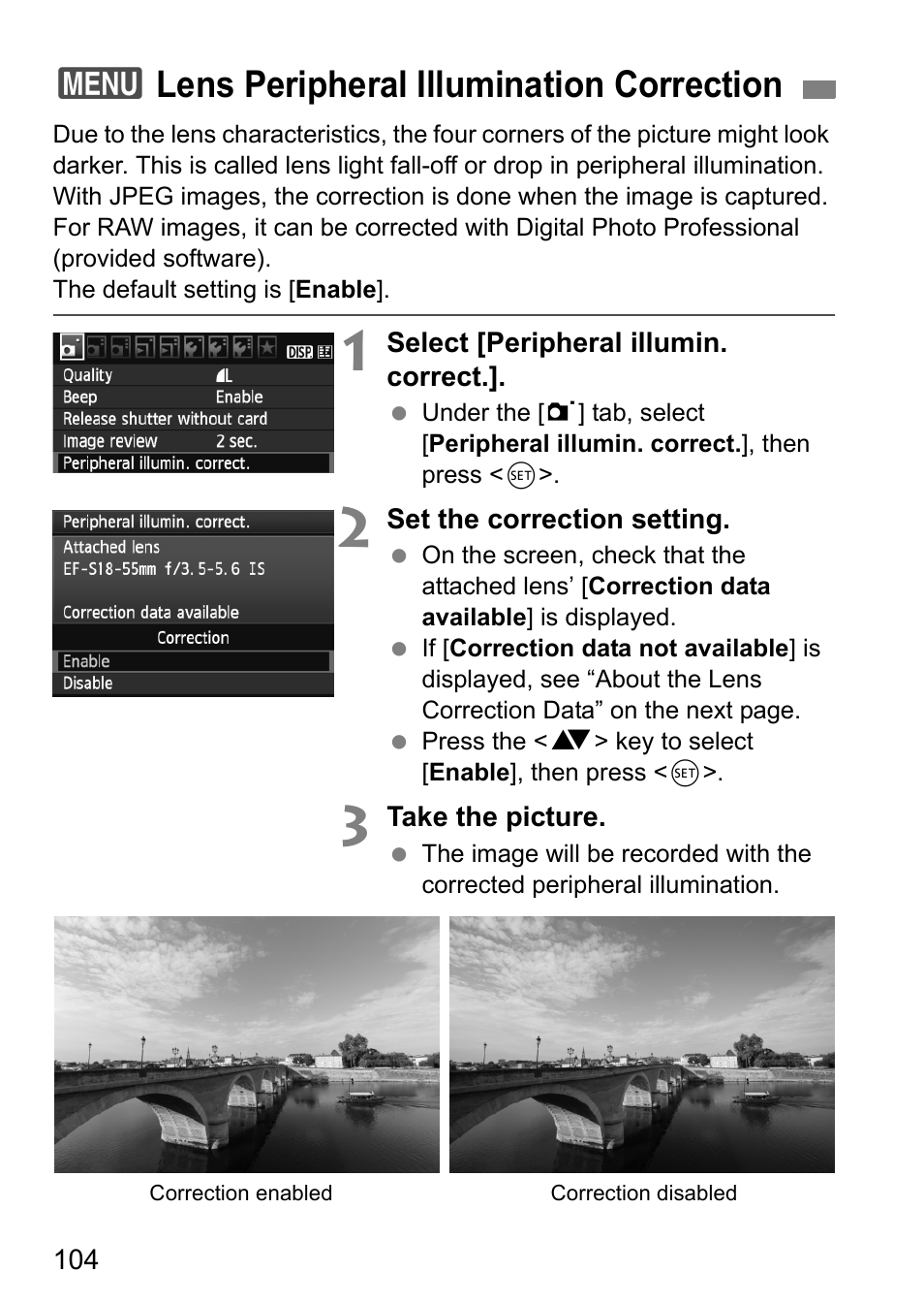 3lens peripheral illumination correction | Canon 550D User Manual | Page 104 / 260