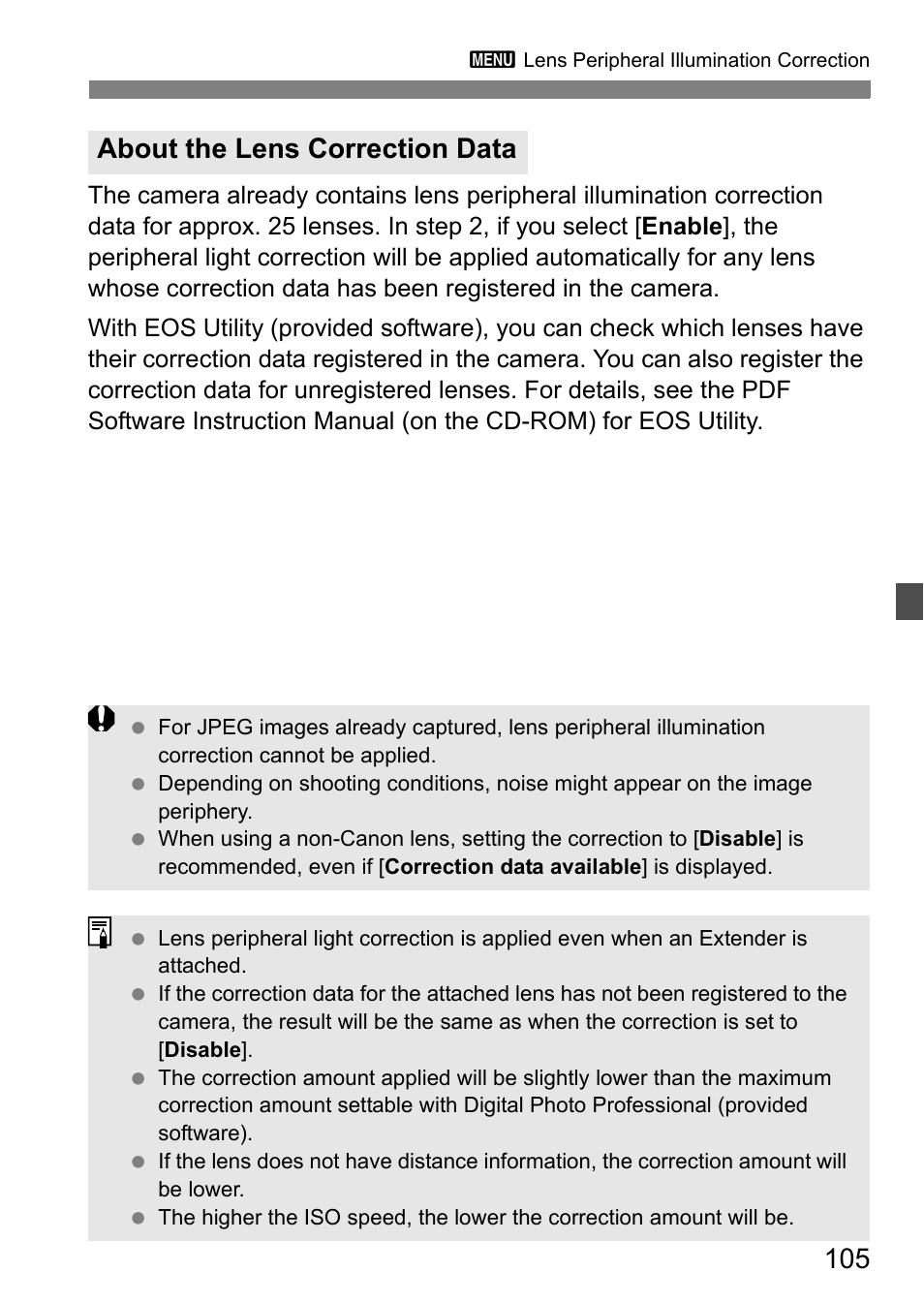 About the lens correction data | Canon 550D User Manual | Page 105 / 260