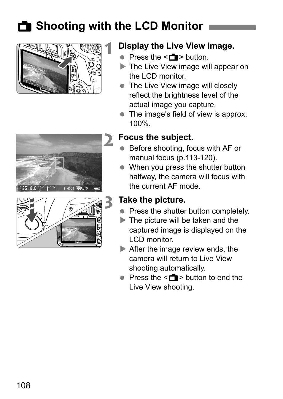 A shooting with the lcd monitor | Canon 550D User Manual | Page 108 / 260