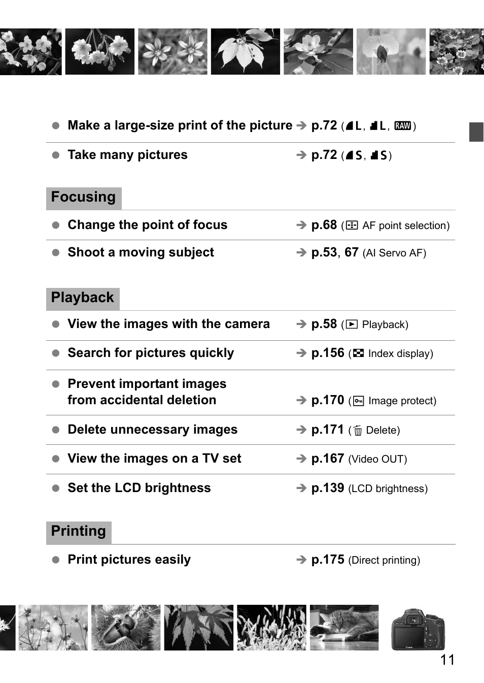 Focusing, Playback, Printing | Canon 550D User Manual | Page 11 / 260