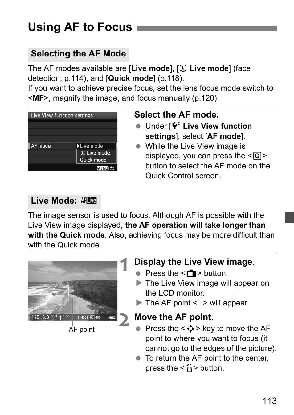 Using af to focus | Canon 550D User Manual | Page 113 / 260
