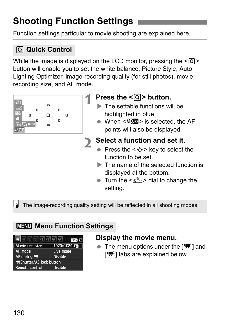 Shooting function settings | Canon 550D User Manual | Page 130 / 260