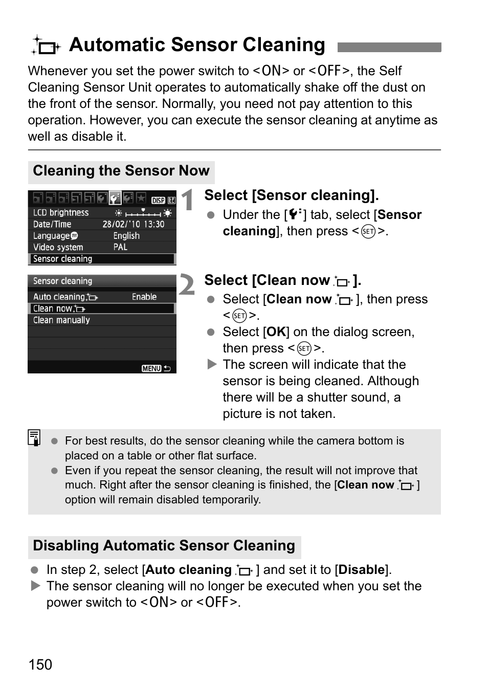 Fautomatic sensor cleaning | Canon 550D User Manual | Page 150 / 260