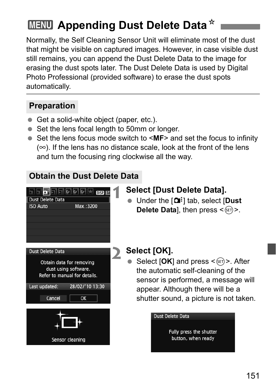 3appending dust delete data n | Canon 550D User Manual | Page 151 / 260