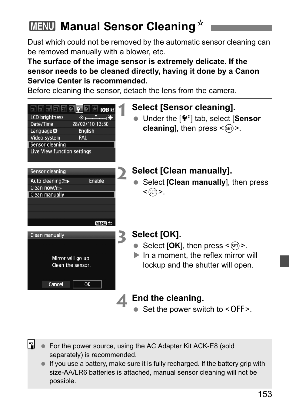 3manual sensor cleaning n | Canon 550D User Manual | Page 153 / 260