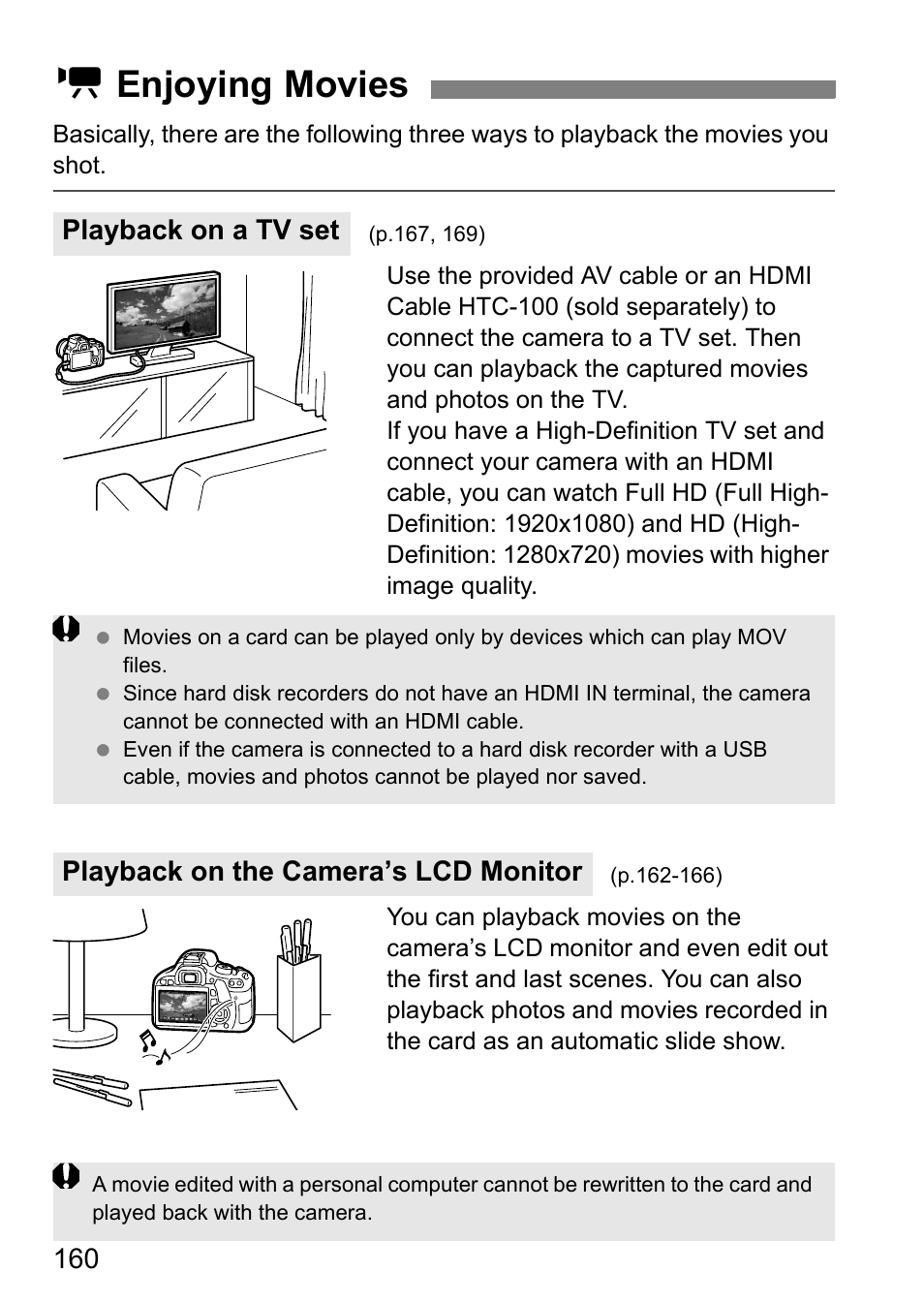 K enjoying movies, Playback on a tv set, Playback on the camera’s lcd monitor | Canon 550D User Manual | Page 160 / 260