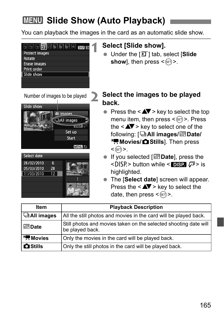 3slide show (auto playback) | Canon 550D User Manual | Page 165 / 260